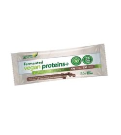 White, green and brown pouch of Genuine Health Fermented Vegan Proteins+ 55 g bar with 13 g protein