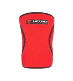 Rend and black LiftTech Pro 5mm Knee Wraps showing front side in white background