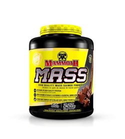Yellow and black container with yellow lid of Mammoth MASS high quality mass gainer formula contains 2.27 kg (5 lb)