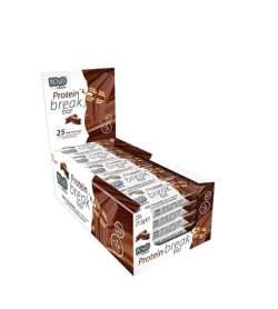 White and brown box of Novo Protein Break bar containing 25 bars of 21.5g each