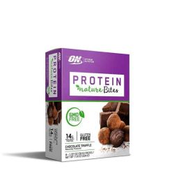 White and purple box of ON Optimum Nutrition Protein Nature Bites GMO Free and Gluten free with Chocolate Truffle flavour