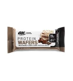 White and green pouch of ON Optimum Nutrition Protein Wafers contains net wt 1.48 oz (42 g) and 15 g protein