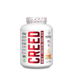 White container with white lid of Perfect Sports Creed Whey Protein Isolate containing 4 lbs