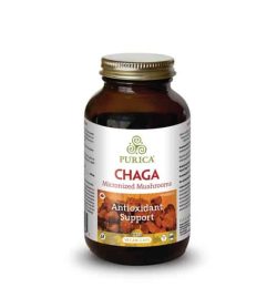 Brown bottle with shiny lid of Purica Chaga Micronized Mushrooms Antioxidant Support contains 120 vegan cpas