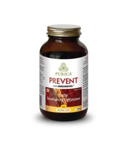 Brown bottle with shiny lid of Purica Prevent with Immunidiol Daily Immunity Optimizer contains 60 vegan caps