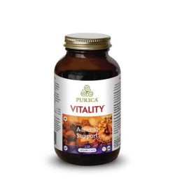 A brown bottle with shiny lid of Purica Vitality Adrenal Support contains 120 vegan caps
