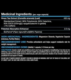 Medicinal ingredients panel of PVL EGCG Gold Plus for serving per capsule shown in white text in black background