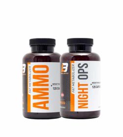 2 brown bottles with black caps of Ballistic Fat Metabolizer Night OPS with white and orange label contains 125 capsules each