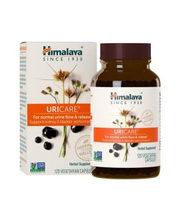 Brown bottle with purple cap along with the product box of Himalaya Uricare Herbal Supplement contains 120 vegetarian capsules