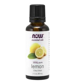 Brown bottle with white label of NOW Essential oils 100% pure Lemon contains 1 fl. oz. (30 ml)