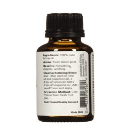 Brown bottle showing white ingredients label of NOW Essential Oils 30ml Lemon in white background