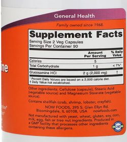 Supplement facts and ingredients panel of NOW Glucosamine HCL1000 180 Caps for a serving size of 2 veg capsules with 90 servings per container
