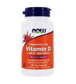 White and orange bottle with purple cap of NOW vegetarian dry Vitamin D 1000 IU High Potency Structural Support* contains 120 veg capsules