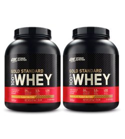 2 black and red containers of Optimum Nutrition Gold Standard Whey 5lbs Chocolate Peanut Butter combo