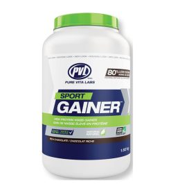 One green and white container of PVL Sport Gainer Rich Chocolate 1.52 kg