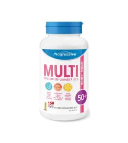 White and blue bottle of Progressive Multi 100% complete women 50+ contains 150 vegetable capsules