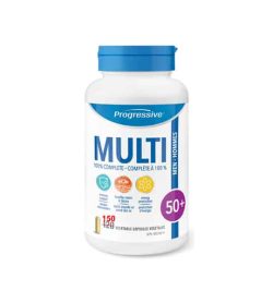 White bottle with blue cap of Progressive Multi 100% complete Met 50+ contains 150 vegetable capsules
