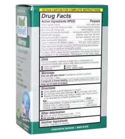 Grey and green box showing drug facts, uses and warning label of Real Relief All Allergies