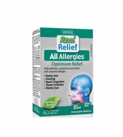 Green and gray box of Real Relief All Allergies optimum relief contains 60 chewable tablets
