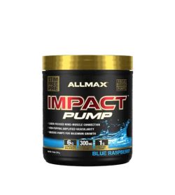 Black and blue container with gold lid of Allmax Impact Pump with Blue Raspberry flavour STIM Free