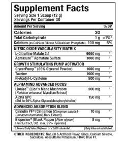 Supplement facts and ingredients panel of Allmax Nutrition Impact pump for serving size of 1 scoop (12 g) containing 30 servings per container