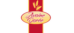 Avoine Doree logo red cursive font yellow background red stripe