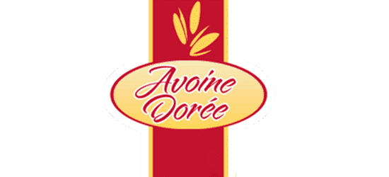 Avoine Doree logo red cursive font yellow background red stripe