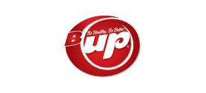 B Up Be Healthy. Be Better Logo of protein bars with red circle white font with transparent background