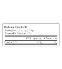 Medicinal ingredients panel for Ballistic labs Creatine hcl for serving size of 1/2 scoop (1.75g) and servings per container 115