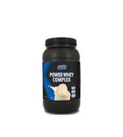 Black container with black lid of BioX Power Whey Complex shows ice cream on the package