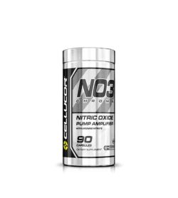 Silver container of Cellucore NO3 Chrome Nitric Oxide Pump Amplifier contains 90 capsules of dietary supplement