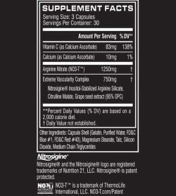 Supplement Facts panel of Nitrosigine Cellucore NO3 Chrome Nitric Oxide for serving size 3 capsules contains 30 servings per container