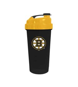 Black cup with yellow lid in white background Delux NHL Shaker cup Boston Bruins