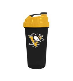 Black cup with yellow lid in white background Delux NHL Shaker cup Pittsburg Penguins