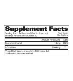 Supplement facts of Gat l Carnitine 1500mg liquid for serving size of 1 tablespoon (15 ml) and approx. 32 servings per container