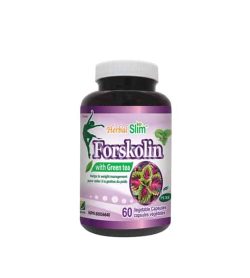 Black bottle with white cap of Herbal Slim Forskolin with Green tea pure containing 60 vegetable capsules shows colourful leaves