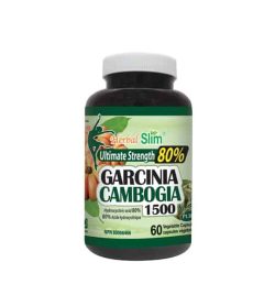 Black bottle with white cap of Herbal Slim Garcinia Cambogia 1500 Ultimate Strength 80% containing 60 vegetable capsules