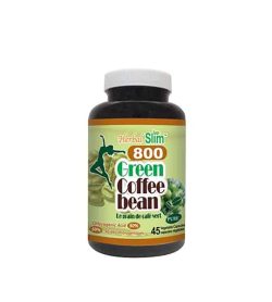 Black bottle with white cap of Herbal Slim 800 Green Coffee Bean pure contains 45 vegetable capsules