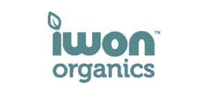 Iwon Organics logo gris font leaf en el i