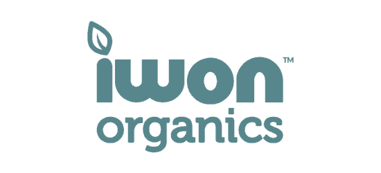 Iwon Organics logo grey font leaf on the i