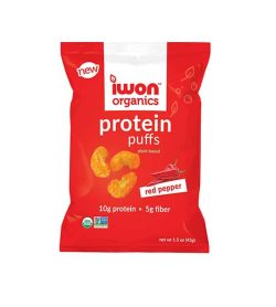 Red pouch of new Iwon Organics Protein Puffs with Red Pepper flavour containing net wt 1.5 oz (42 g), 10 g protein and 5 g fiber