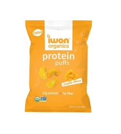 Yellow pouch of New Iwon Organics Protein Puffs with Cheddar Cheese flavour containing net wt 1.5 oz (42 g), 10 g protein and 5 g fiber