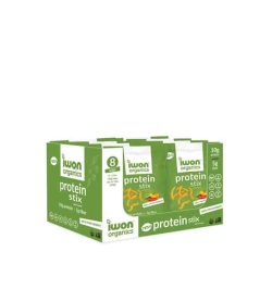 Green and white box of New Iwon Organics Protein Stix contains 8 pouches each containing 10g protein and 5g fibre