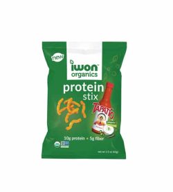 Green pouch of New Iwon Organics Protein Stix with Tapatio flavour with net wt 47g, 10g protein and 5g fiber