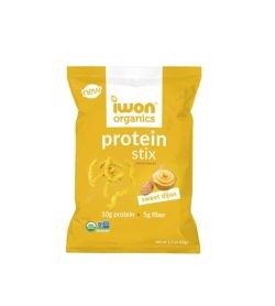 Yellow pouch of New Iwon Organics Protein Stix with Sweet Dijon flavour with net wt 47g, 10g protein and 5g fiber