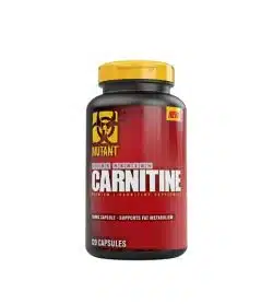 Red and black container with yellow lid of Mutant Core Series Carnitine contains 120 capsules
