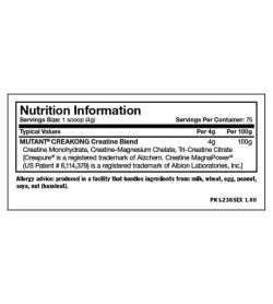 Nutrition information and allergy advice of Mutant Creakong serving size 1 scoop (4 g) with 75 servings per container