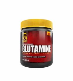 Red and black container with yellow lid of Mutant Core Series Glutamine Fermented Source contains 300 g
