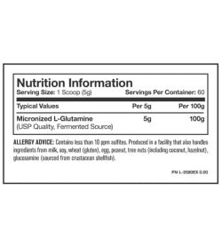 Nutrition Information panel of Mutant Glutamine serving size 1 scoop (5 g) with 60 servings per container
