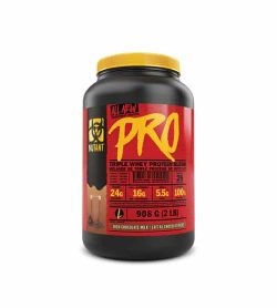 Black and red container with yellow lid of Mutant All New PRO Triple Whey Protein Blend contains 908 g (2 lb)